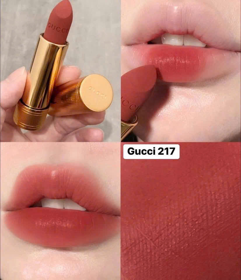 Son Gucci 217 Màu Hồng Cam Đất Bản Vỏ Vàng